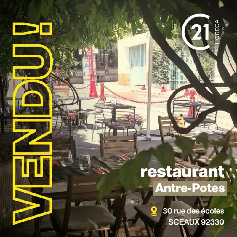 Outdoor restaurant terrace with wooden tables and chairs under trees; signage reads 'restaurant Antre-Potes' with address.