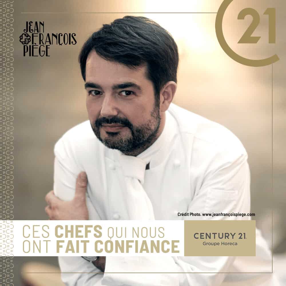 Portrait of chef Jean-François Piège in a white chef’s jacket against a beige background, with the caption 'CES CHEFS QUI NOUS ONT FAIT CONFIANCE'.