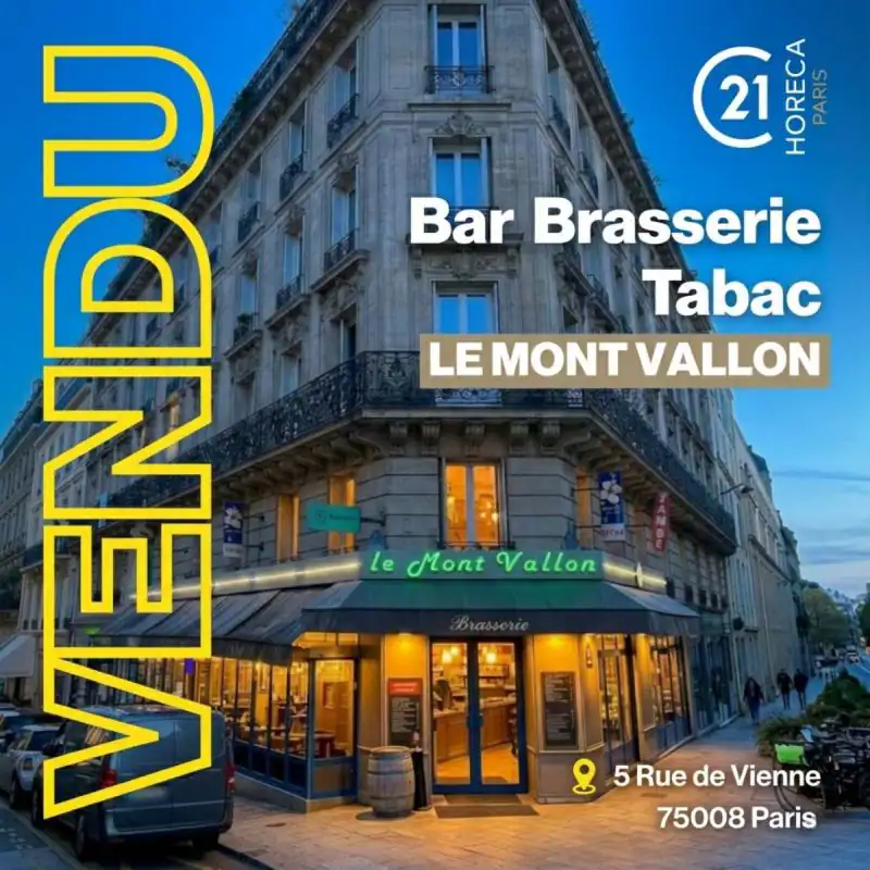 Exterior of Le Mont Vallon brasserie on a Haussmannian building at dusk; bold yellow vertical text on the left, white promotional copy, and the 21e Horcea Paris logo; address shown: 5 Rue de Vienne, 75008 Paris.