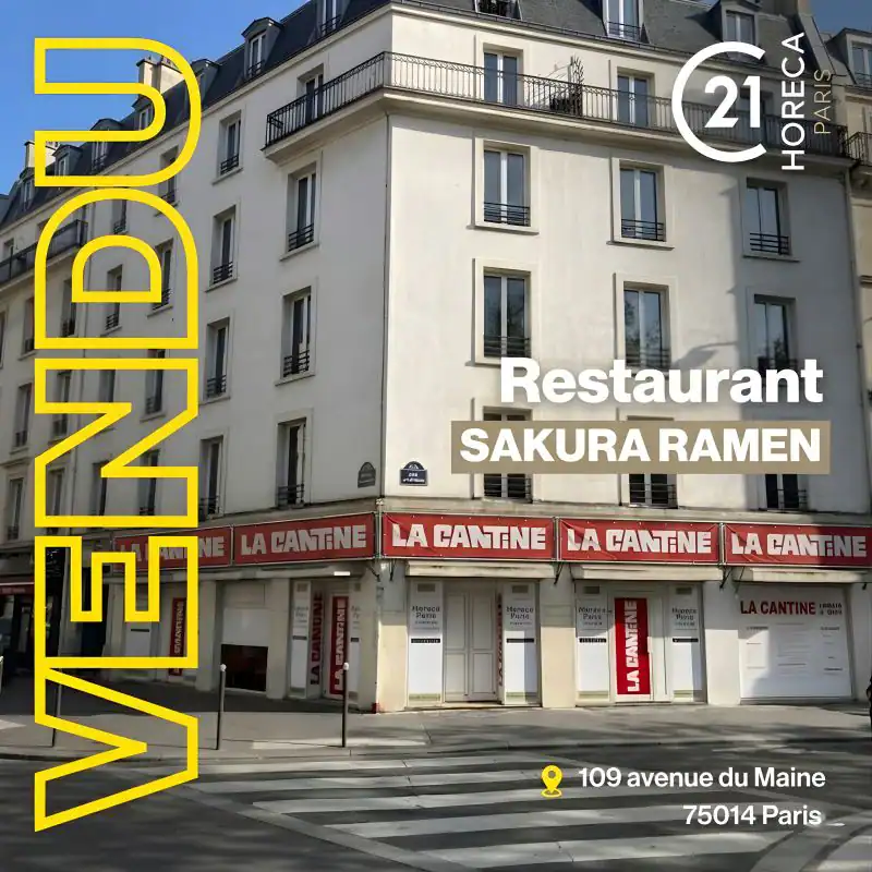 Paris street scene with a white building and red La Cantine storefronts; overlay text reads 'Restaurant Sakura Ramen' and address '109 avenue du Maine, 75014 Paris'.