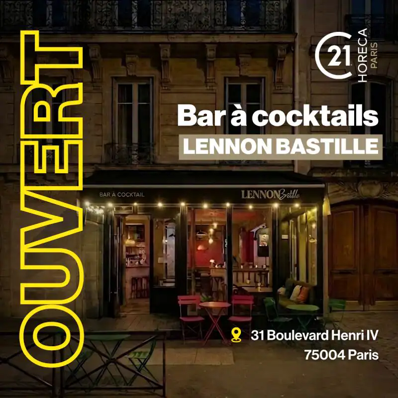 Exterior of Lennon Bastille cocktail bar in Paris at night with warm lights and outdoor seating; address 31 Boulevard Henri IV, 75004 Paris.