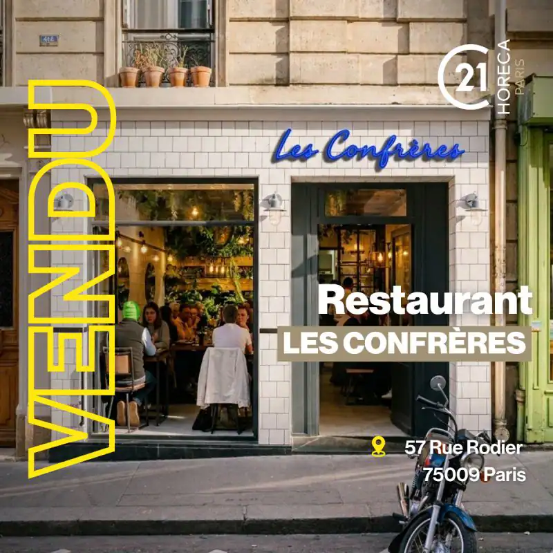 Exterior of Paris restaurant Les Confrères, diners inside, bicycle parked outside, address 57 Rue Rodier, Paris.
