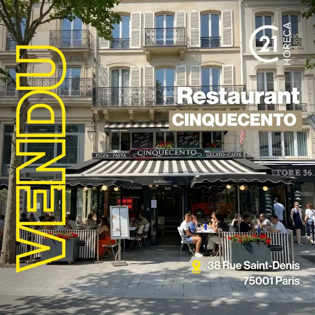 Cinquecento restaurant on a Paris street with outdoor seating and striped awning