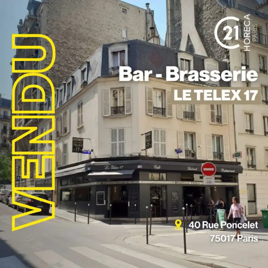 Parisian bar-brasserie Le Telex 17 on a corner, with bold yellow vertical lettering on the left and the address 40 Rue Poncelet, 75017 Paris.