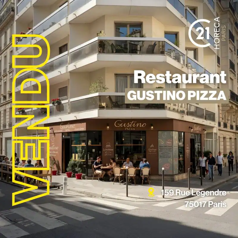 Paris street corner restaurant Gustino Pizza with outdoor seating; address 159 Rue Legendre, 75017 Paris.