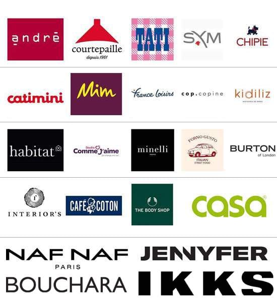 Grid collage of many brand logos arranged in rows (fashion, food, lifestyle brands). Mostly rectangular logos on white background with dividers between rows.