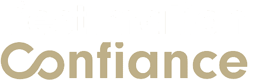Logo text: 'l'estimation' in white above 'Confiance' in beige, with a looping C in the word 'Confiance'.
